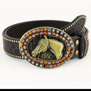 New western horse belt buckle and brown belt.